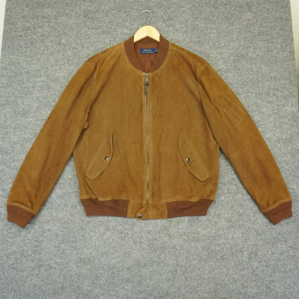 Polo Ralph Lauren Goat Suede Bomber Jacket Mens XL Tan Full Zip Utility Pocket